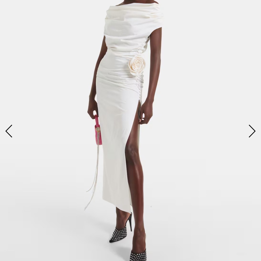 Magda Butrym White One-Shoulder Draped High-Low Dress with Rose Detail